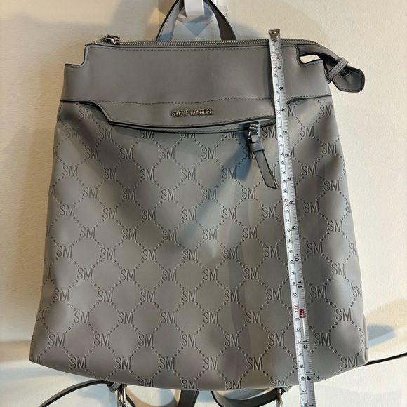 STEVE MADDEN Monogrammed SM vegan Leather Backpack Top Handle Bag Lined Grey - Picture 3 of 12